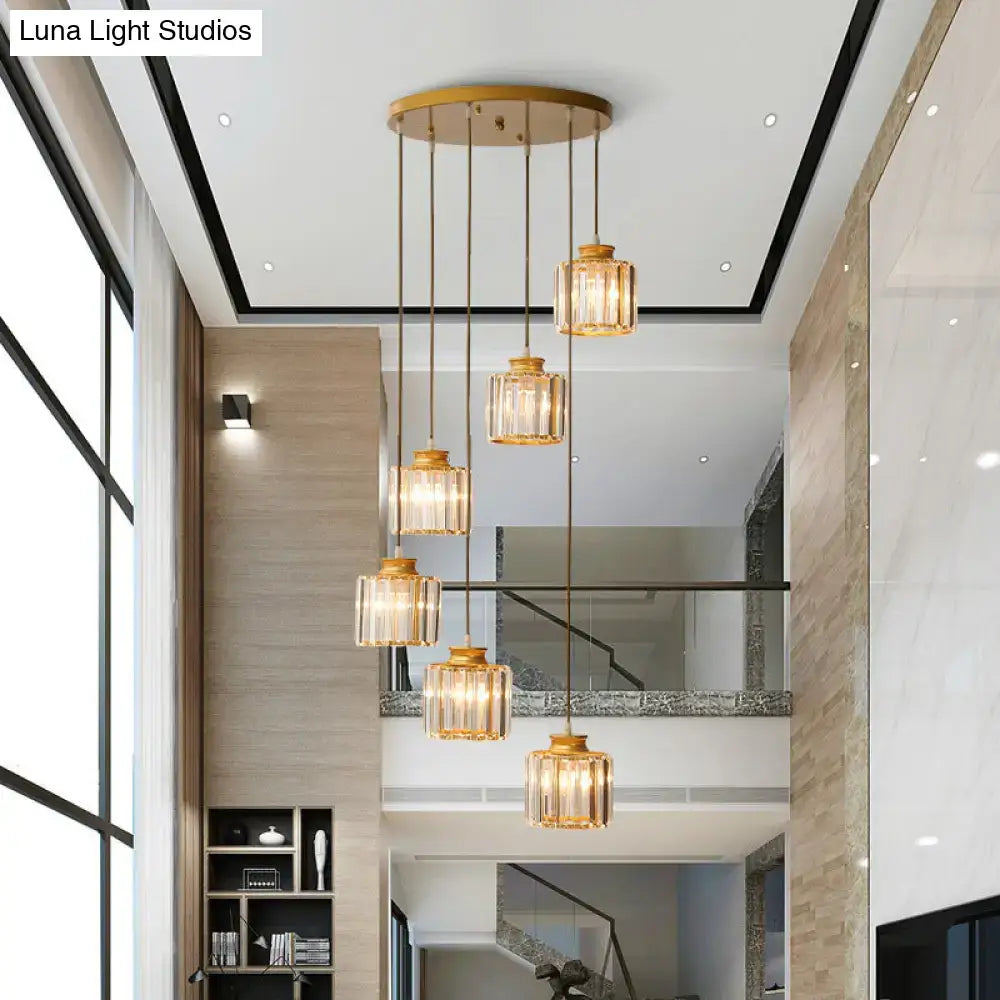 Gold-toned decorbites modern prismatic crystal cylindrical pendant ceiling light with clear glass shades for stairway