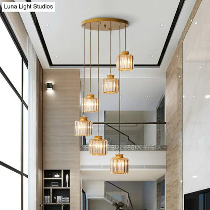 Gold-toned decorbites modern prismatic crystal cylindrical pendant ceiling light with clear glass shades for stairway