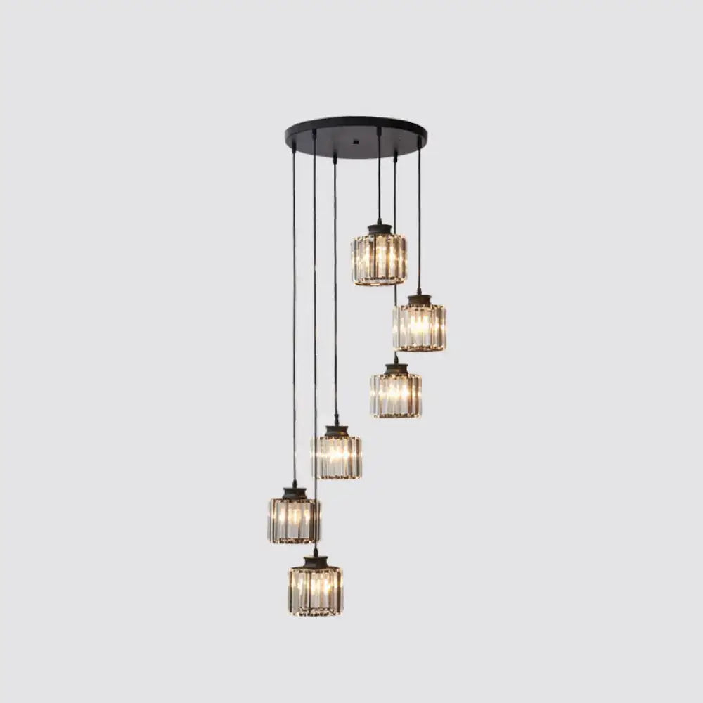 DecorBites™ modern black metal chandelier with five cascading prismatic crystal cylindrical pendant lights for stairway