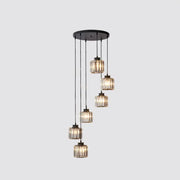 DecorBites™ modern black metal chandelier with five cascading prismatic crystal cylindrical pendant lights for stairway