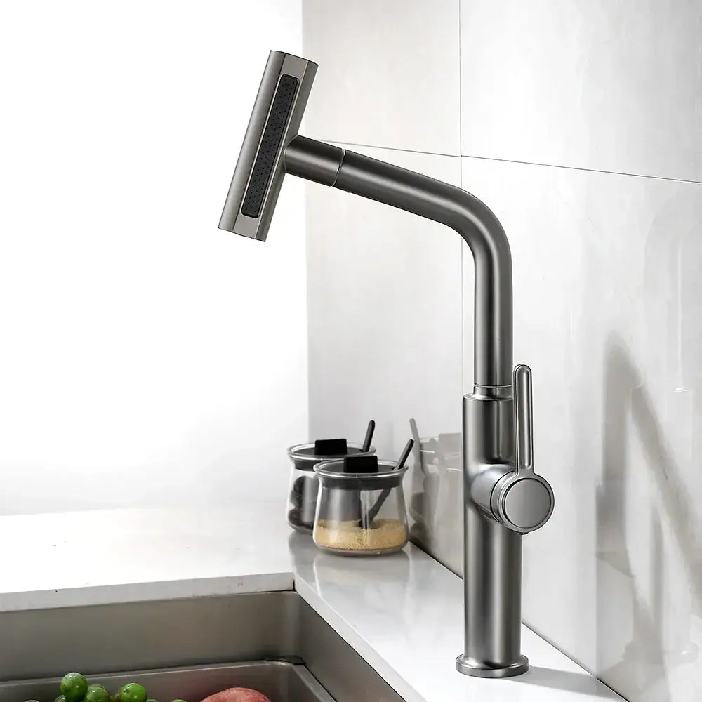 Modern matte black pull out kitchen faucet by decorbites with sleek curved spout and waterfall stream sprayer