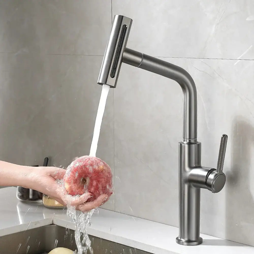 Modern black pull kitchen faucet by decorbites with a sleek curved spout and pull-down waterfall stream sprayer