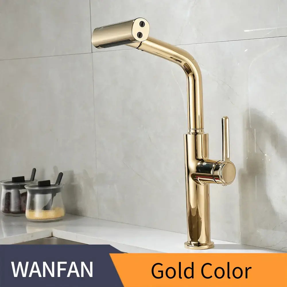 Gold-colored sleek modern kitchen faucet with high-arc spout and single lever handle for decorbites black pull use