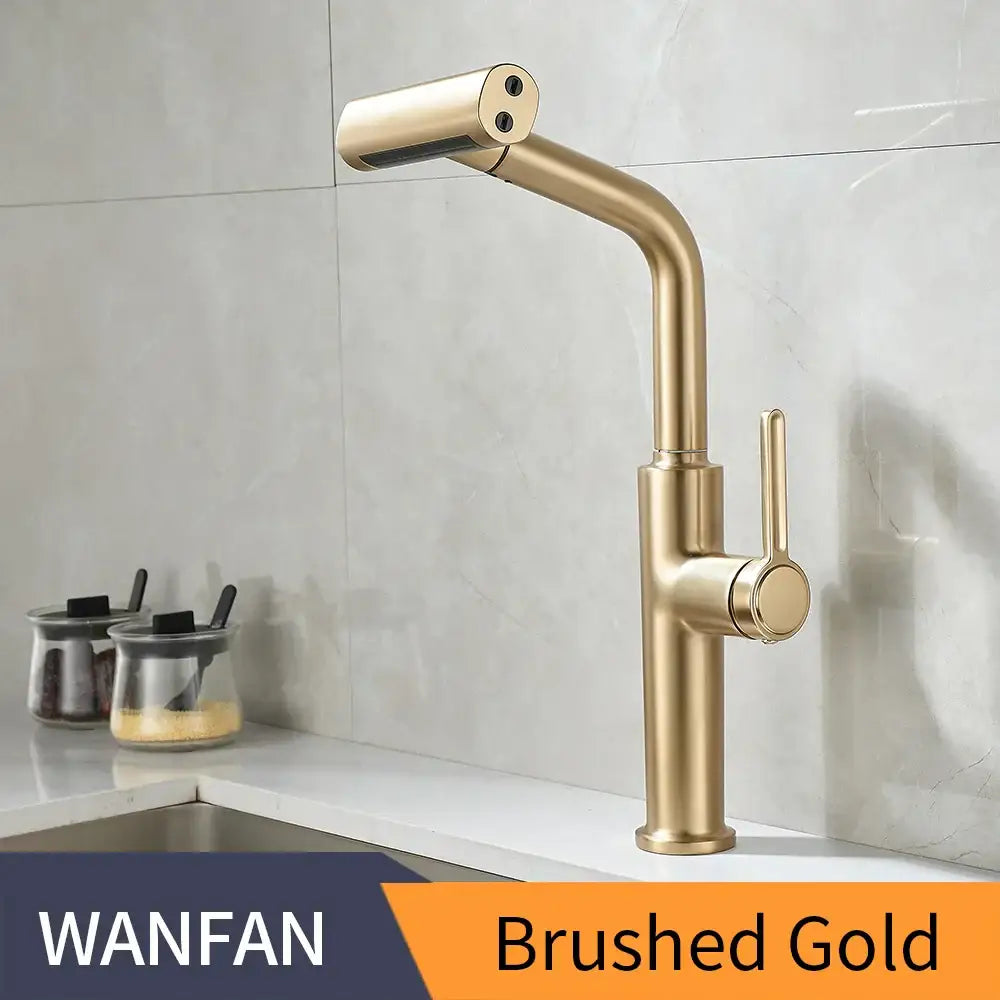 Brushed gold kitchen faucet with sleek modern design and high-arc spout in decorbites black pull collection