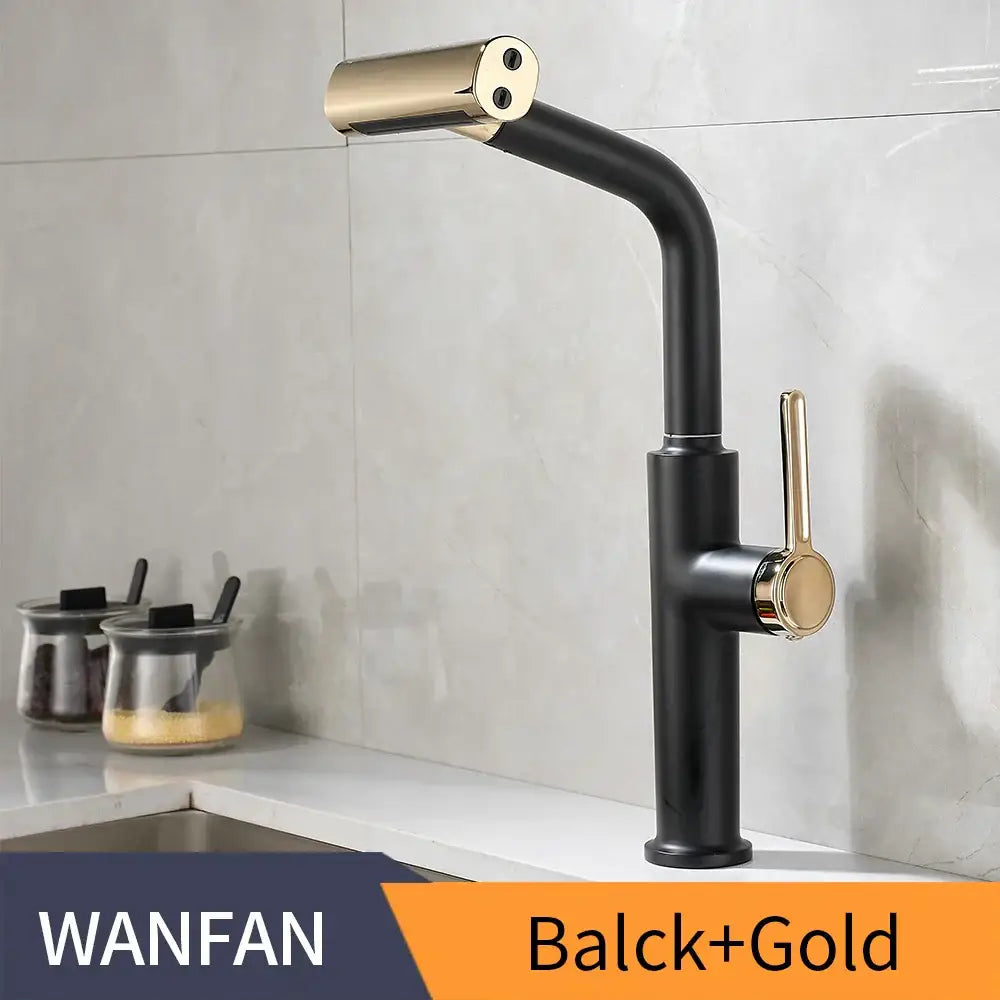 Modern black pull kitchen faucet by decorbites with gold accents curved spout and waterfall stream sprayer