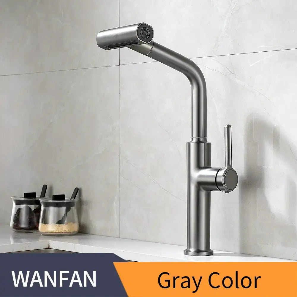 Modern decorbites black pull kitchen faucet with gray metallic finish and sleek pull-down spray head design