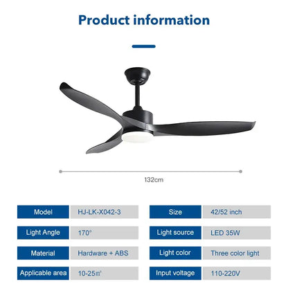 Modern black pure copper ceiling fan with three sleek blades led light and remote control for efficient cooling