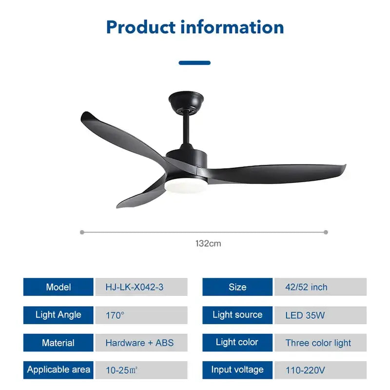 Modern black pure copper ceiling fan with three sleek blades led light and remote control for efficient cooling