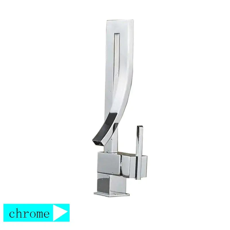 Modern chrome finished basin faucet with single handle mixer tap featuring a sleek angular design and curved spout