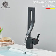 Modern black quartz waterfall basin faucet with sleek curved design single handle mixer tap for bathroom use