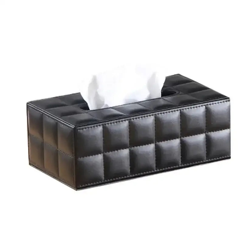 Modern black quilted leather tissue box holder with glossy finish and stitched square panels for office and home use