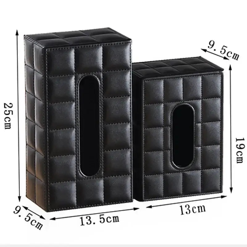 Modern black quilted leather tissue box holder with rectangular shape and oval cutout for easy access at office and home