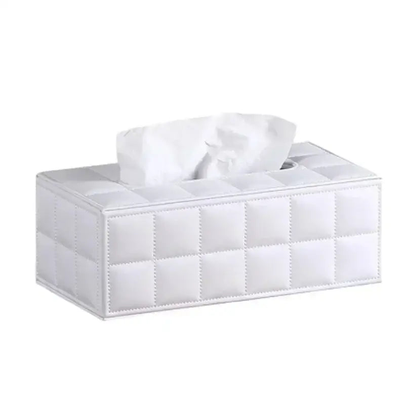 Modern white quilted tissue box holder with diamond-stitched pattern for office and home use
