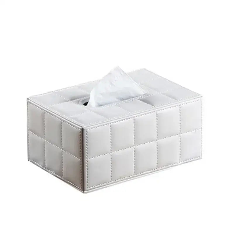 Modern white quilted leather tissue box holder with stitched panels and subtle sheen for office and home use