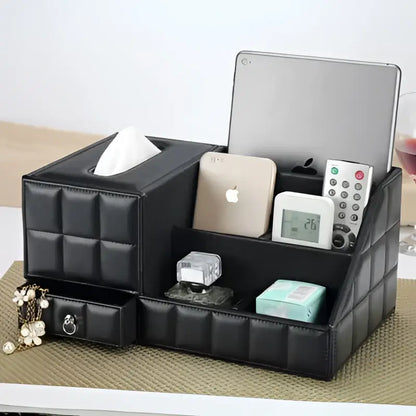 Modern black quilted leather tissue box holder organizer with multiple compartments for office and home use