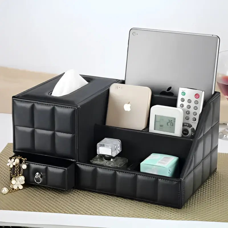Modern black quilted leather tissue box holder organizer with multiple compartments for office and home use