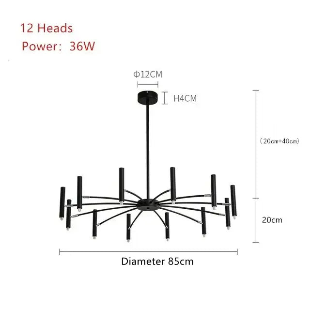 Modern black radial led ceiling pendant lamp with 12 slender arms and cylindrical fixtures for living room use