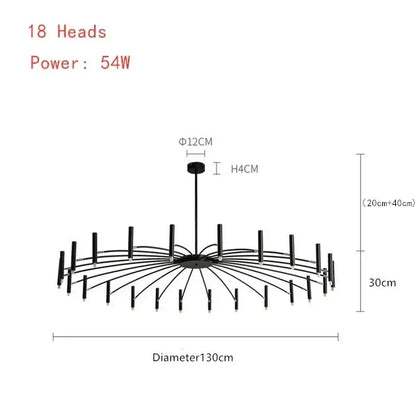 Modern black radial led ceiling pendant lamp with 18 slender light heads arranged in a circular pendant lamp design