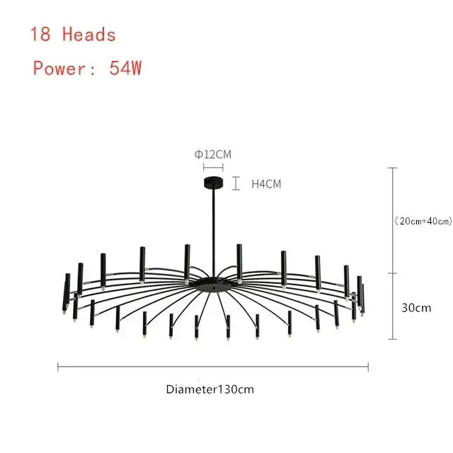 Modern black radial led ceiling pendant lamp with 18 slender light heads arranged in a circular pendant lamp design