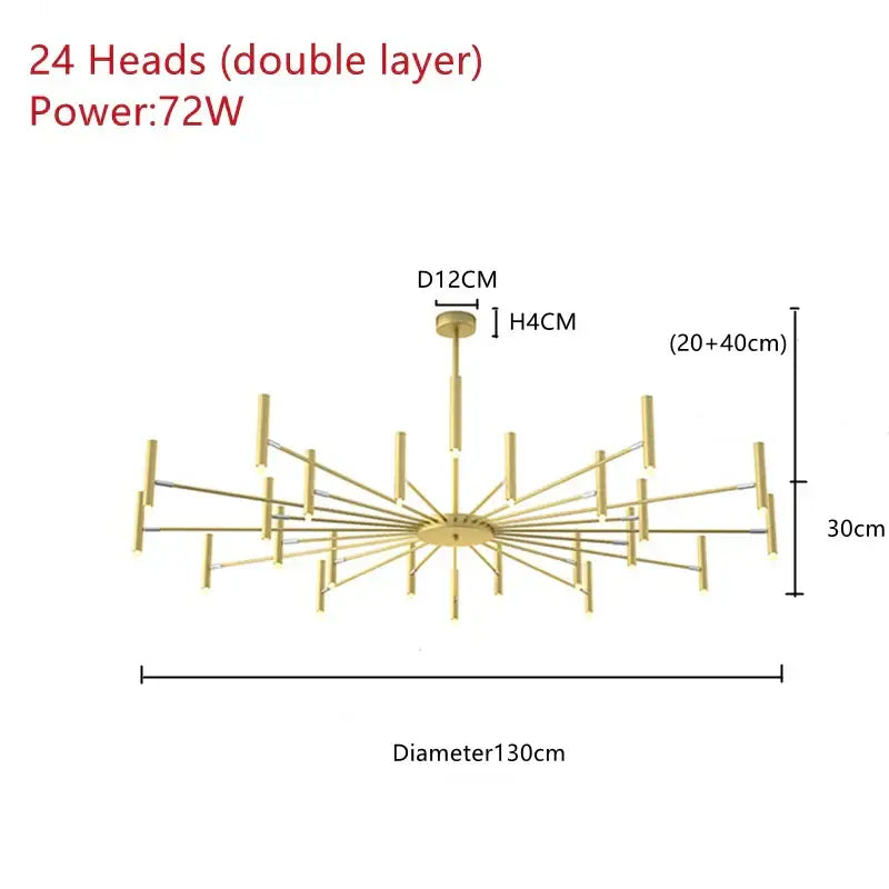 Gold-finished modern ceiling pendant lamp with 24 double-layer light heads in a black radial design for living room