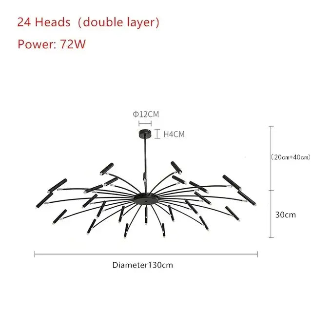 Modern black metal ceiling pendant lamp with 24 led light heads in a radial pattern for living room use