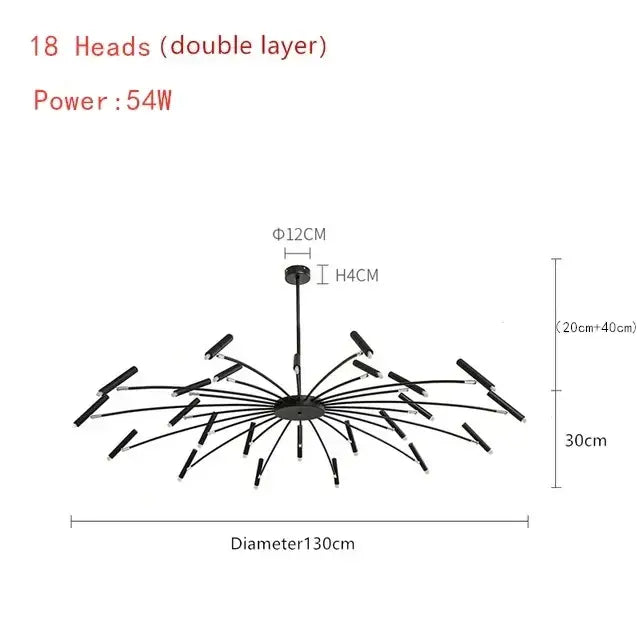 Modern black metal ceiling pendant lamp with 18 double-layered light heads in a radial pattern for living room