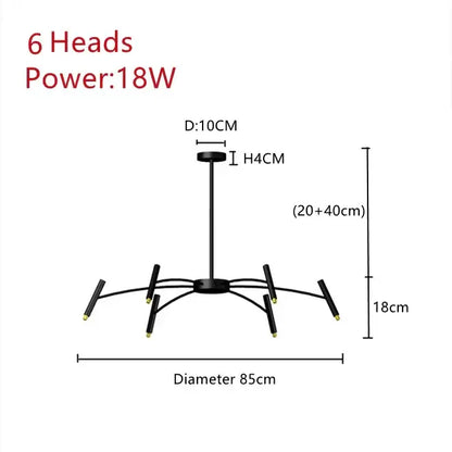 Modern black radial ceiling pendant lamp with six 18w led heads and central hub for living room lighting