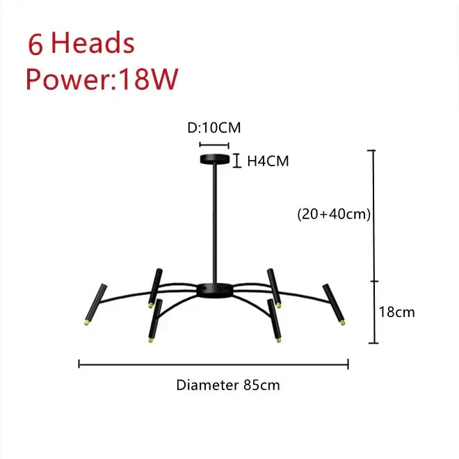 Modern black radial ceiling pendant lamp with six 18w led heads and central hub for living room lighting