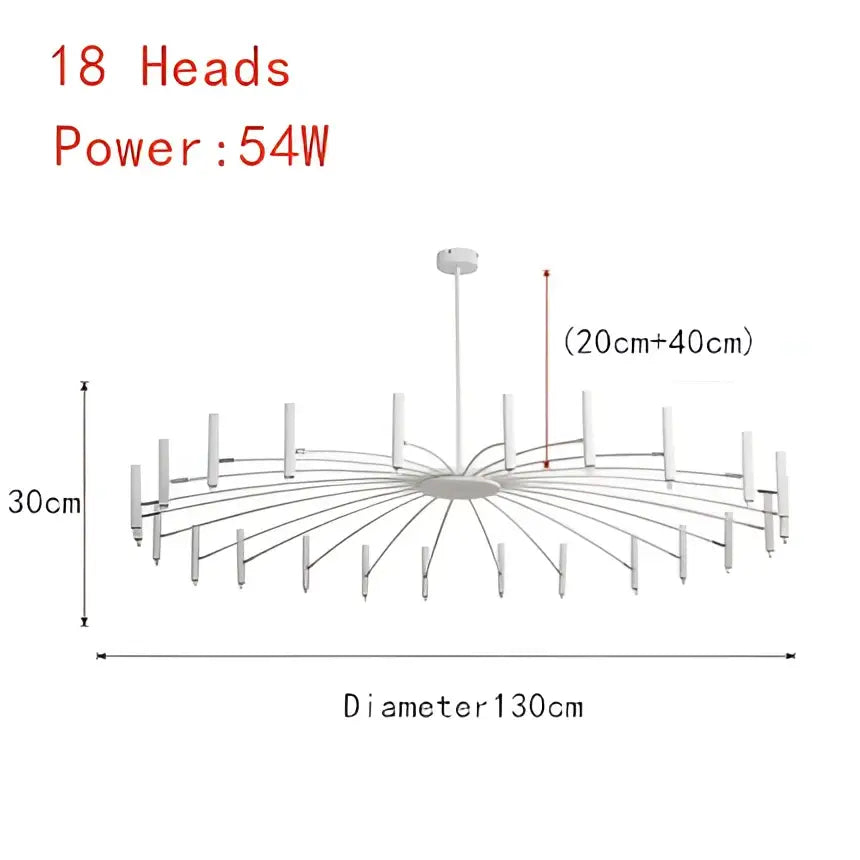White metal chandelier pendant lamp with 18 candle-style lights and central circular base for living room ceiling pendant
