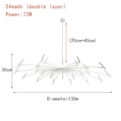 Modern black metal ceiling pendant lamp with 24 double-layered arms and central hub for living room lighting
