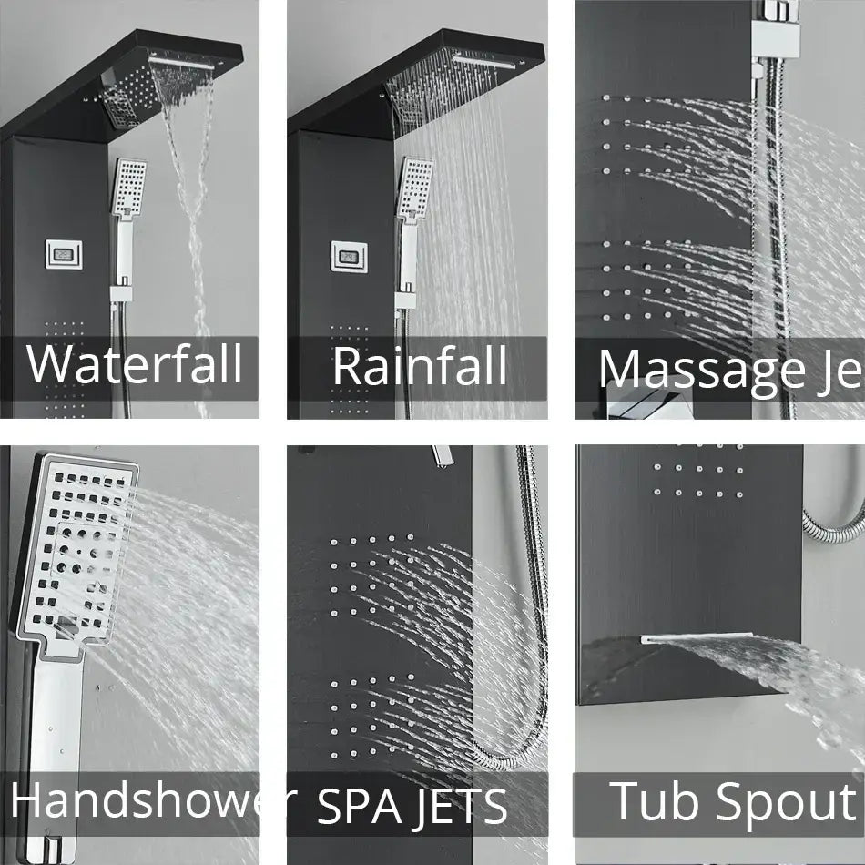 Modern black rainfall shower panel with chrome massage and spa jets featuring decorbites black rainfall design