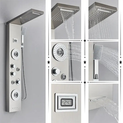 Modern black rainfall shower panel with massage screen features a chrome-finished shower panel and digital temperature display