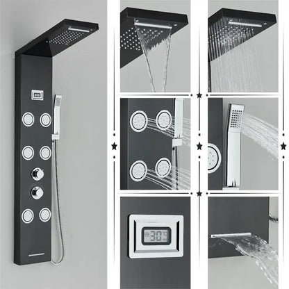 Modern black rainfall shower panel with multiple spray heads and digital temperature display for bathroom decorbites black rainfall