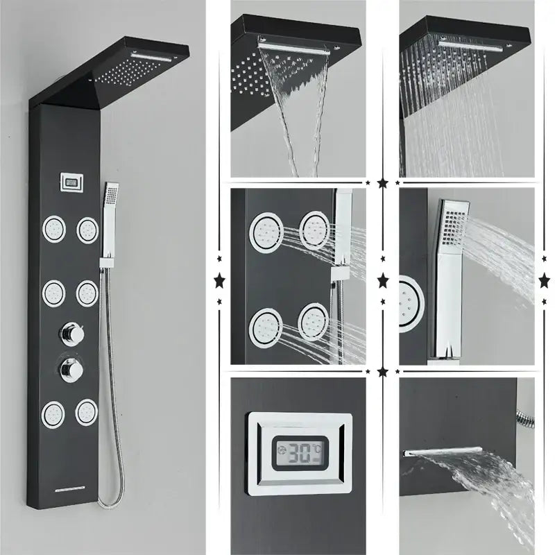 Modern black rainfall shower panel with multiple spray heads and digital temperature display for bathroom decorbites black rainfall