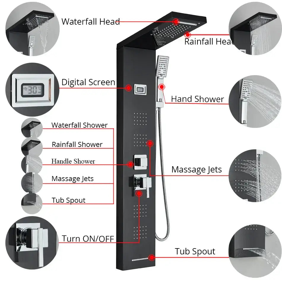 Modern black rainfall shower panel with massage screen featuring multiple spray heads for luxurious bathroom use by decorbites black rainfall