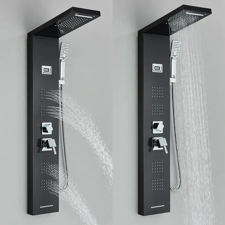Modern black rainfall shower panel with massage screen featuring a black matte finish and chrome accents by decorbites black rainfall