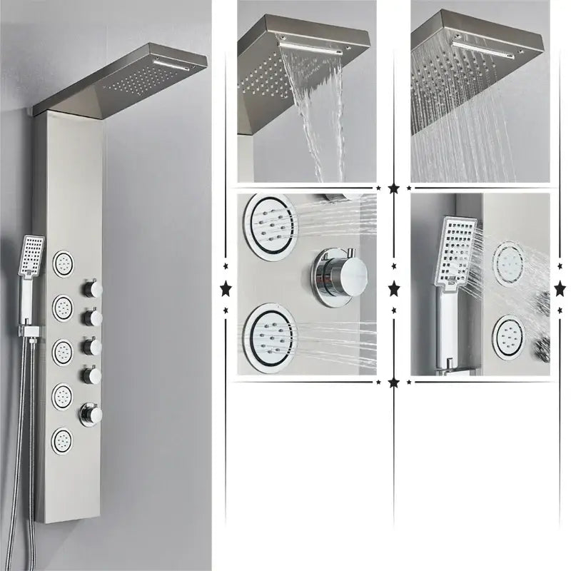Modern black decorbites rainfall shower panel with chrome finish rectangular rain shower head and massage jets