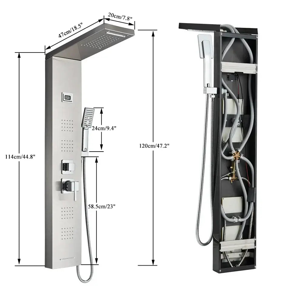 Modern black rainfall shower panel with chrome finish rainfall shower rainhead handheld shower and multiple controls decorbites black rainfall