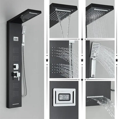 Modern black rainfall shower panel with massage screen, large rectangular rainhead, handheld shower, and digital display