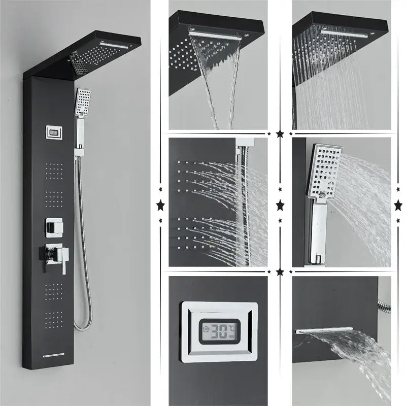 Modern black rainfall shower panel with massage screen, large rectangular rainhead, handheld shower, and digital display