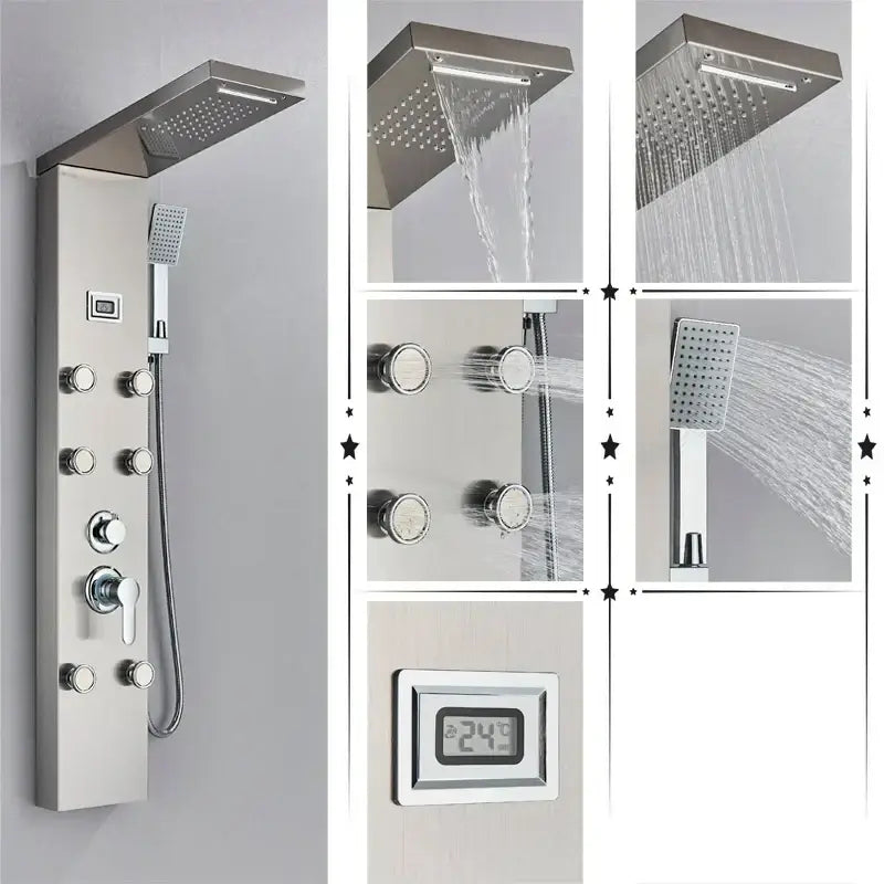Modern black rainfall shower panel made of stainless steel with multiple spray settings and digital temperature display