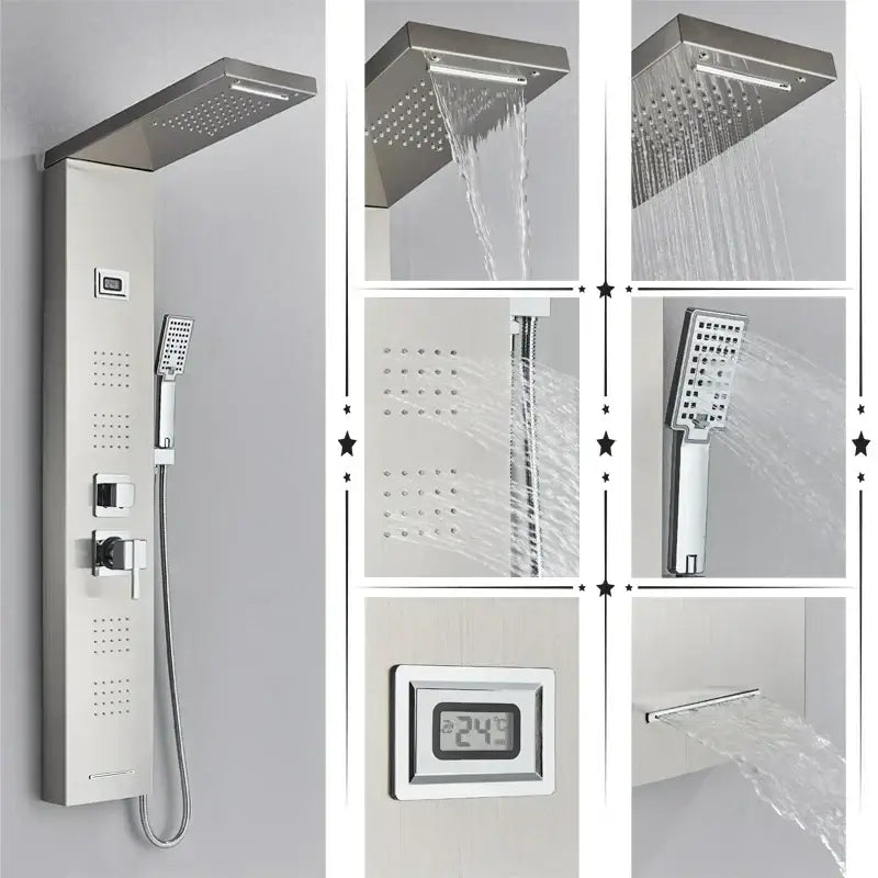 Modern black rainfall shower panel with chrome finish rainhead handheld spray and digital temperature display decorbites black rainfall