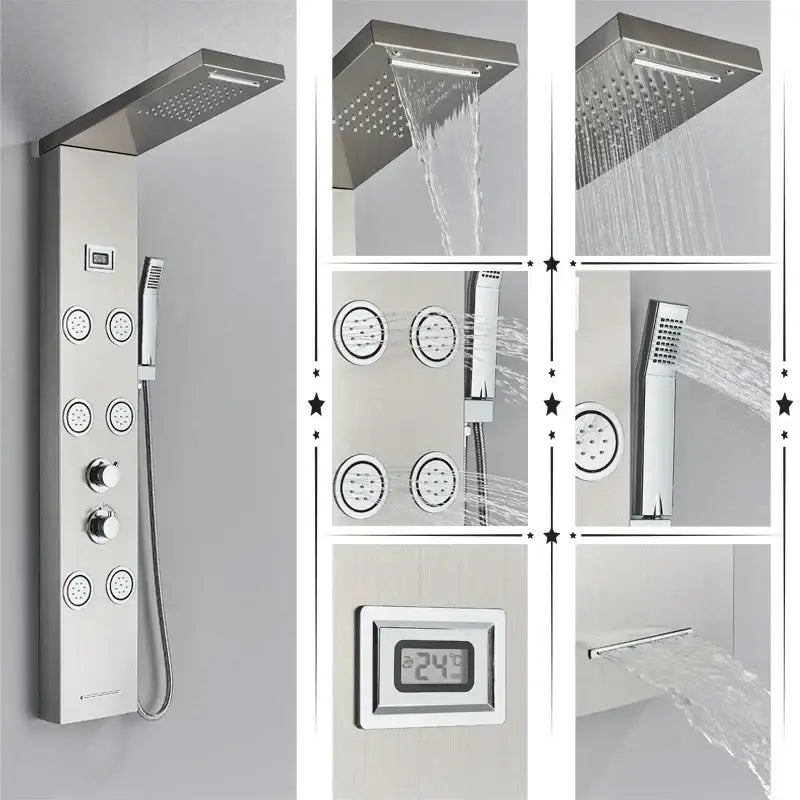 Modern black rainfall shower panel with chrome finish rectangular rainhead multiple jet nozzles and digital temperature display