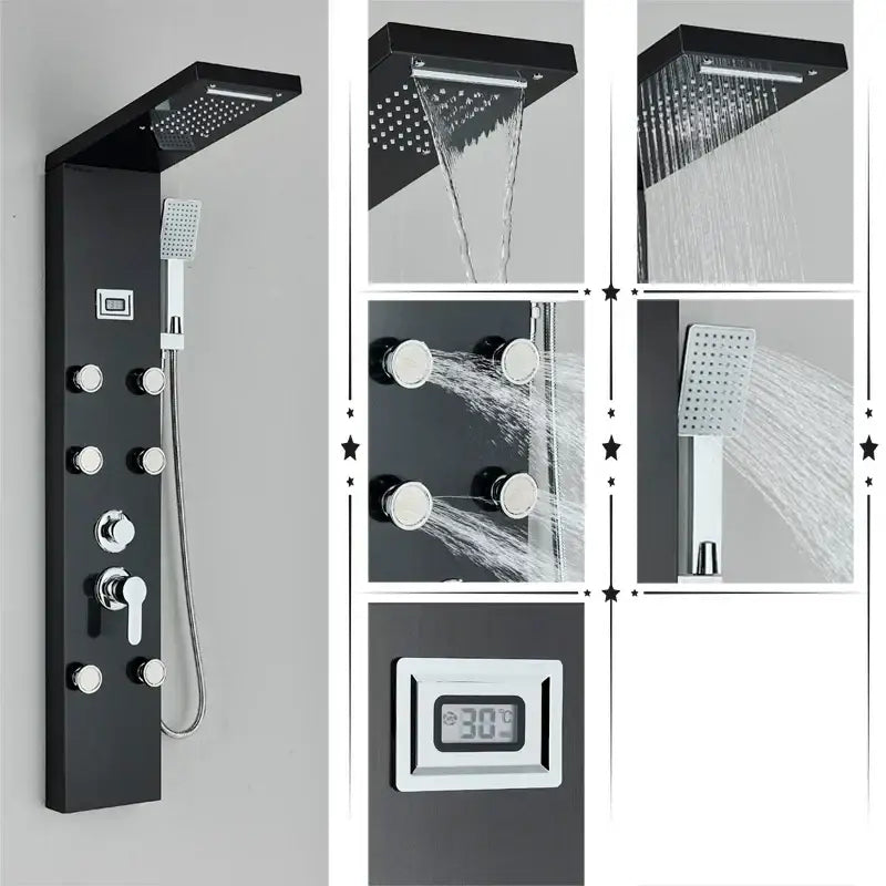 Modern black rainfall shower panel with massage screen featuring a large rainhead chrome controls and digital display