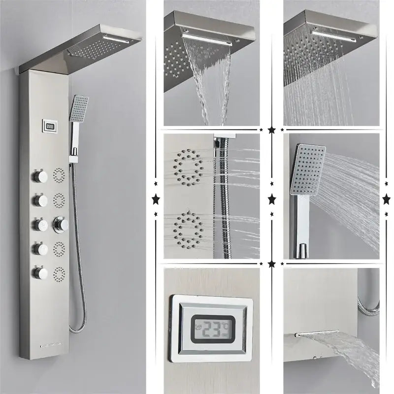 Modern black rainfall shower panel with stainless steel rain shower system and digital temperature display decorbites black rainfall