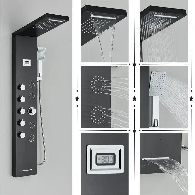 Modern black rainfall shower panel with massage screen featuring multiple spray heads and digital temperature display