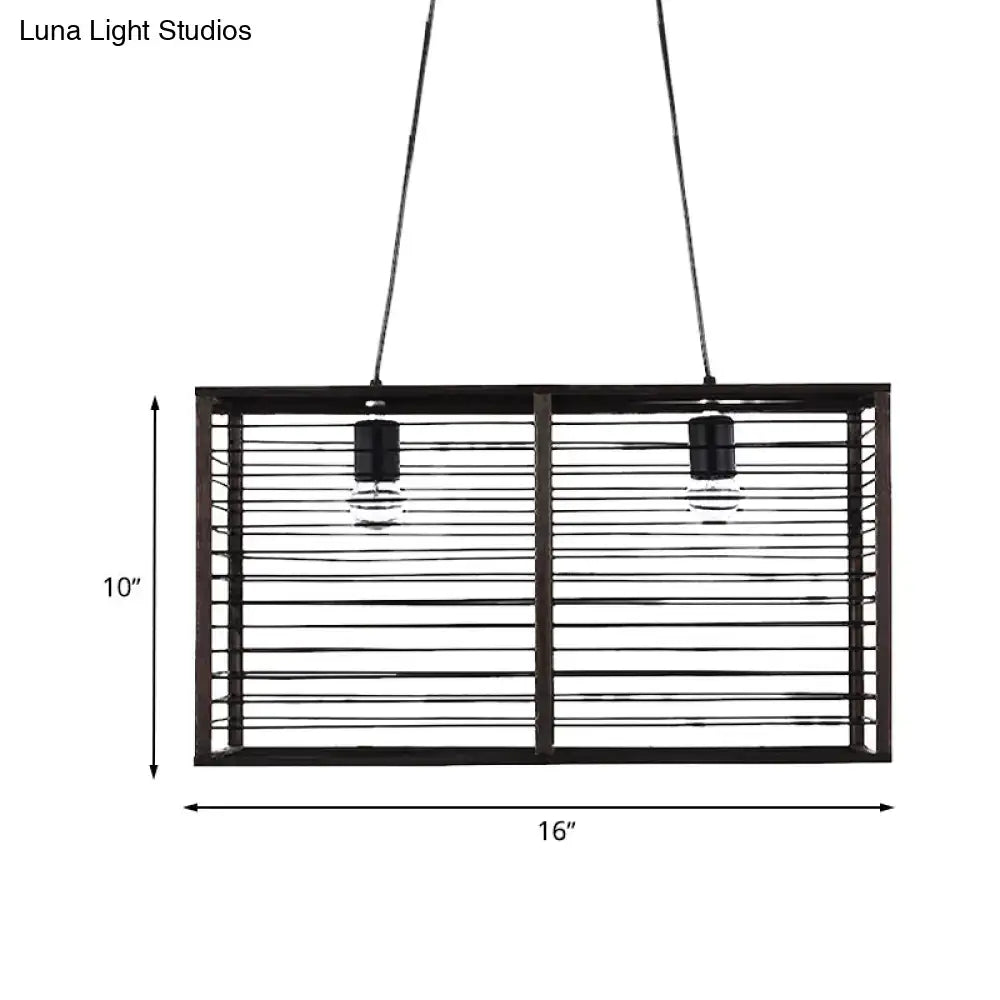 Decorbites modern black rectangle cage pendant light with two exposed bulbs and horizontal slats for kitchens