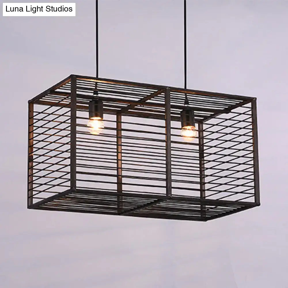 DecorBites™ modern black rectangle cage pendant light with two exposed bulbs and bamboo suspension for restaurants
