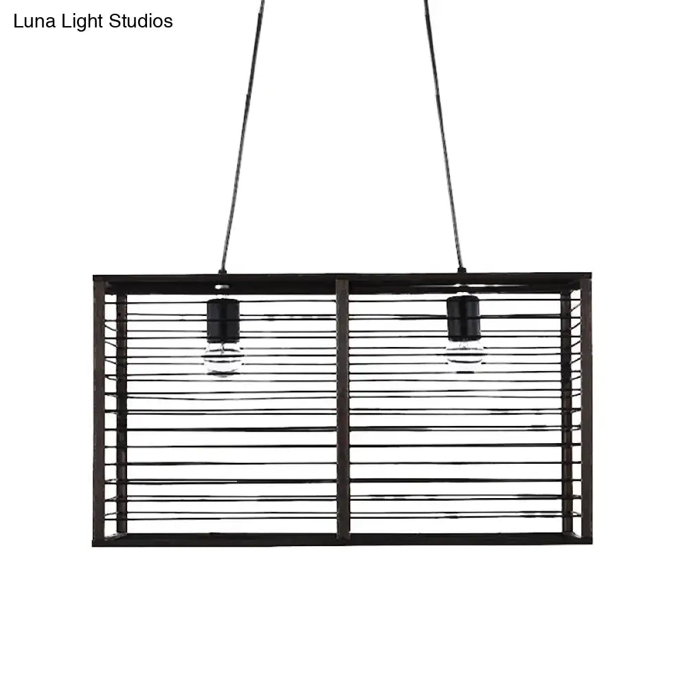 Decorbites™ modern black rectangle cage pendant light with horizontal slats and two exposed bulbs for island use