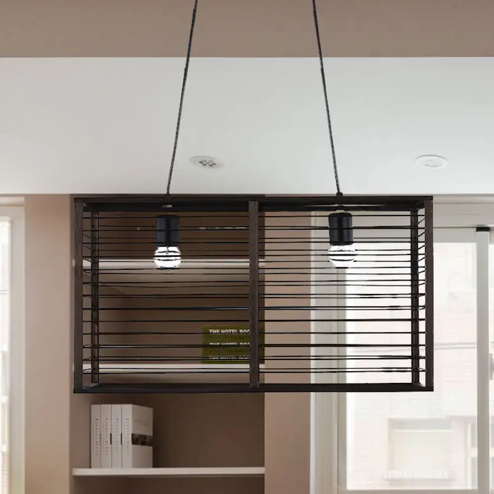 Decorbites™ modern black rectangle cage island pendant light with horizontal slats and two exposed bulbs for restaurants